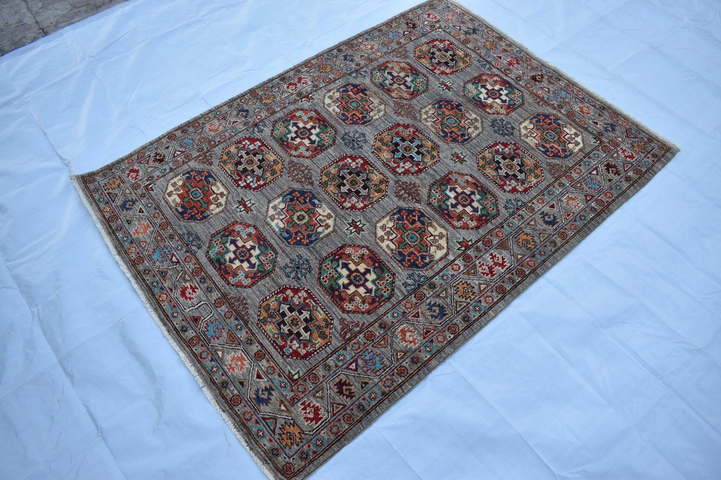5x7 Gray Philpah Afghan Oriental Rug, Hand Knotted Wool Rug, Turkmen Area Rug, Soft Wool Rug, fine Quality Living Room/ Bedroom Rug