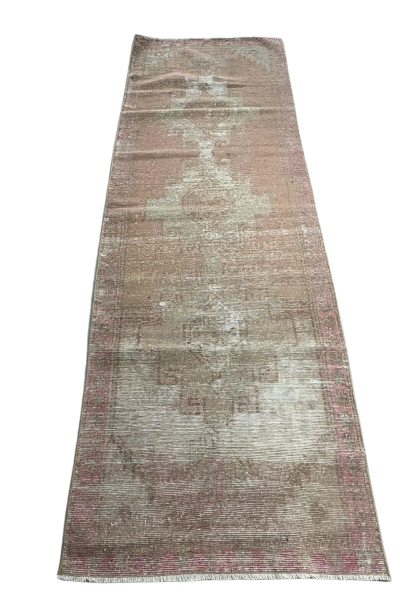 3.4x9.9 ft 🧵 Pink and Bej Anatolian Runner Rug | Handwoven Wool Hallway Carpet