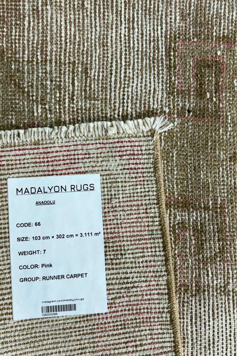 3.4x9.9 ft 🧵 Pink and Bej Anatolian Runner Rug | Handwoven Wool Hallway Carpet