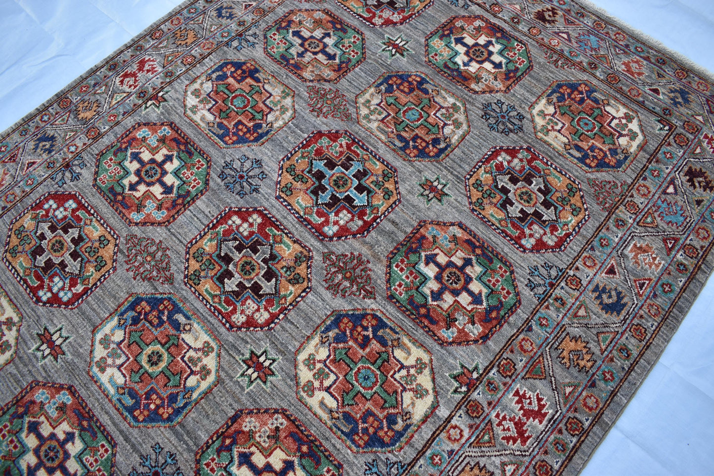 5x7 Gray Philpah Afghan Oriental Rug, Hand Knotted Wool Rug, Turkmen Area Rug, Soft Wool Rug, fine Quality Living Room/ Bedroom Rug