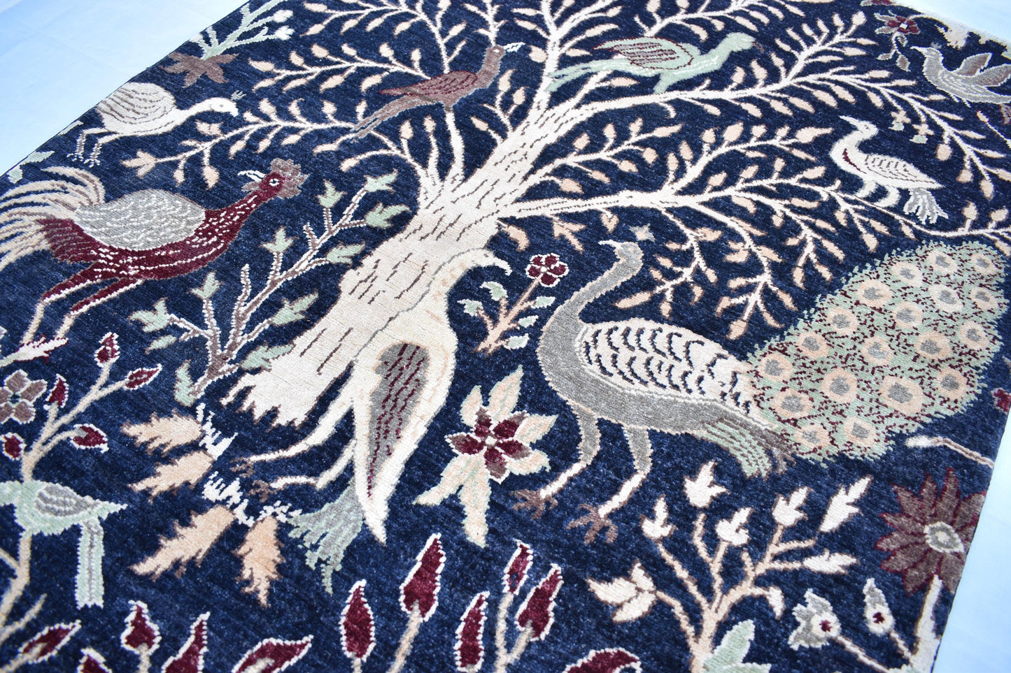 4x6 Dark Blue Turkmen Pictorial Rug, Hand Knotted Wool Rug, Handmade Peacock Bird Trees Soft Oriental Area Rug, Bedroom Rug, Living Room Rug