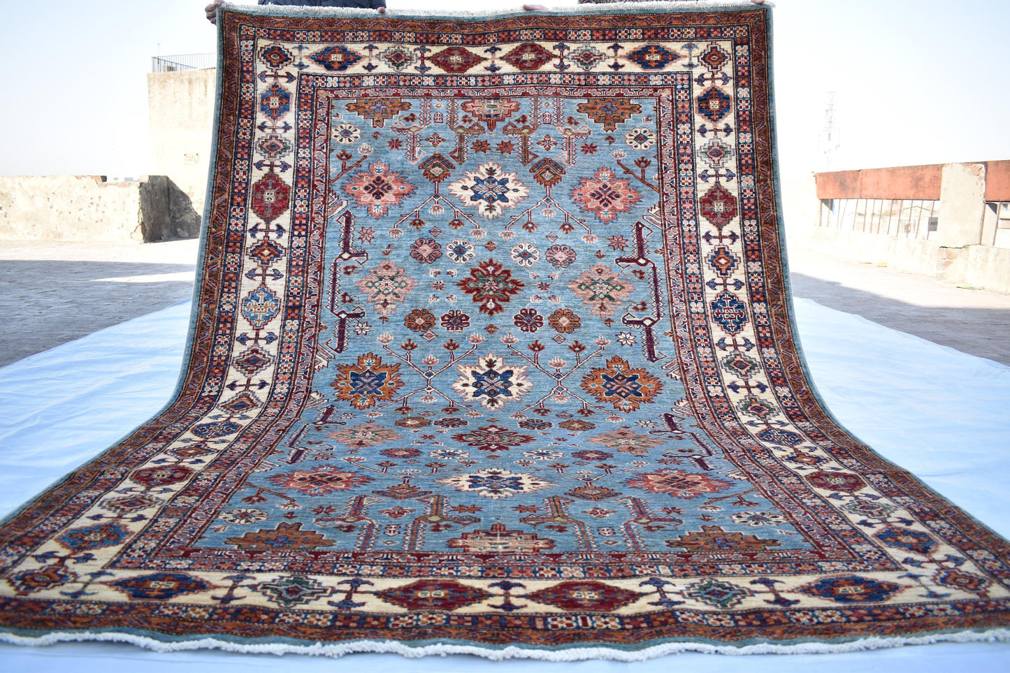 6x8 Gray w/ White Borders Sweater Oriental Rug– Wool Rug – Handmade Soft wool Rug- Hand Knotted Modern Décor Rug- Living Room Rug– Bedroom Rug