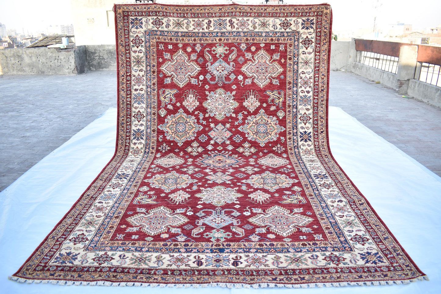 7x10 Red Kazak Oriental Afghan Rug, Handmade Pure Wool Rug - Hand Knotted Modern Décor Rug - Living Room Rug – Bedroom Rug