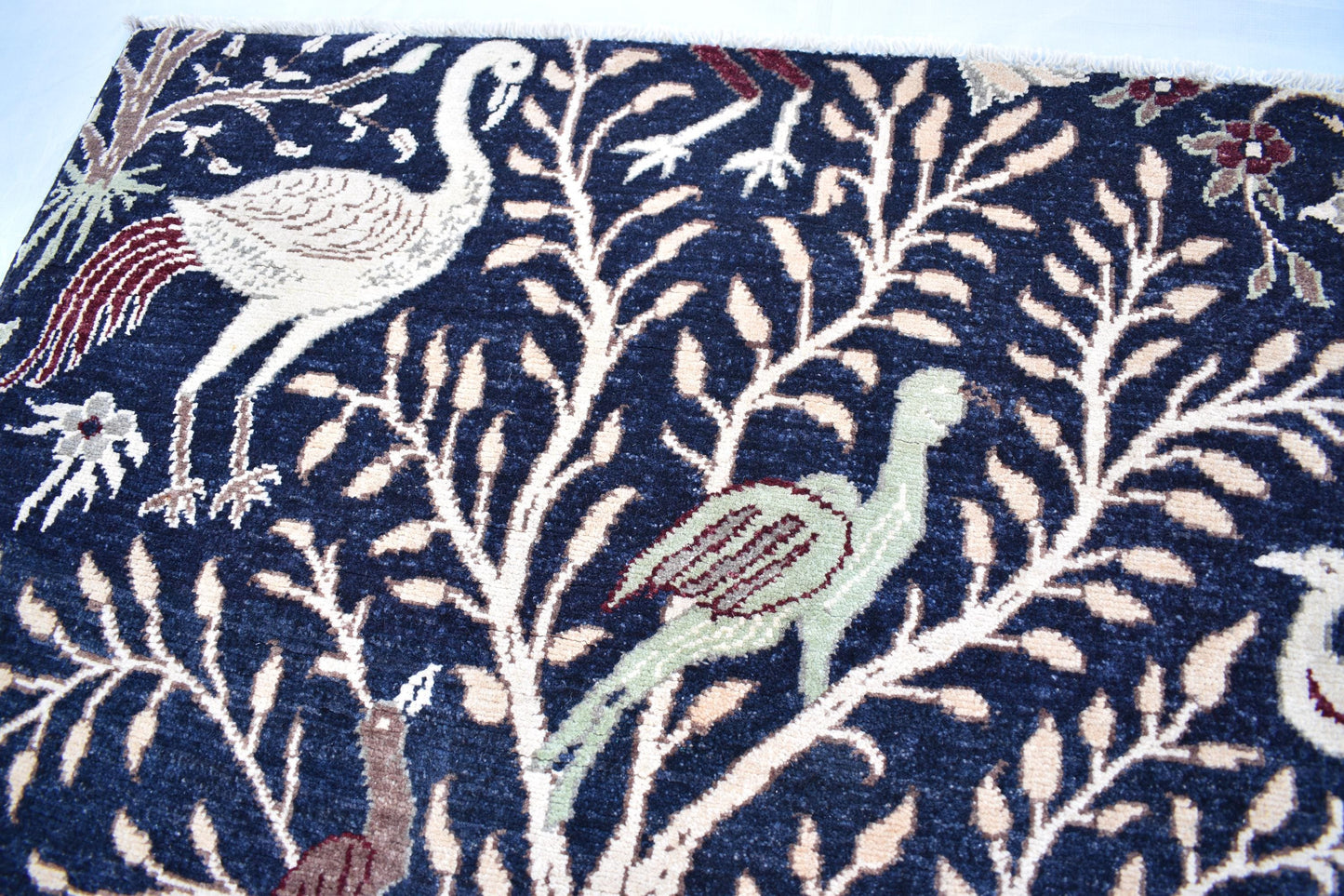 4x6 Dark Blue Turkmen Pictorial Rug, Hand Knotted Wool Rug, Handmade Peacock Bird Trees Soft Oriental Area Rug, Bedroom Rug, Living Room Rug