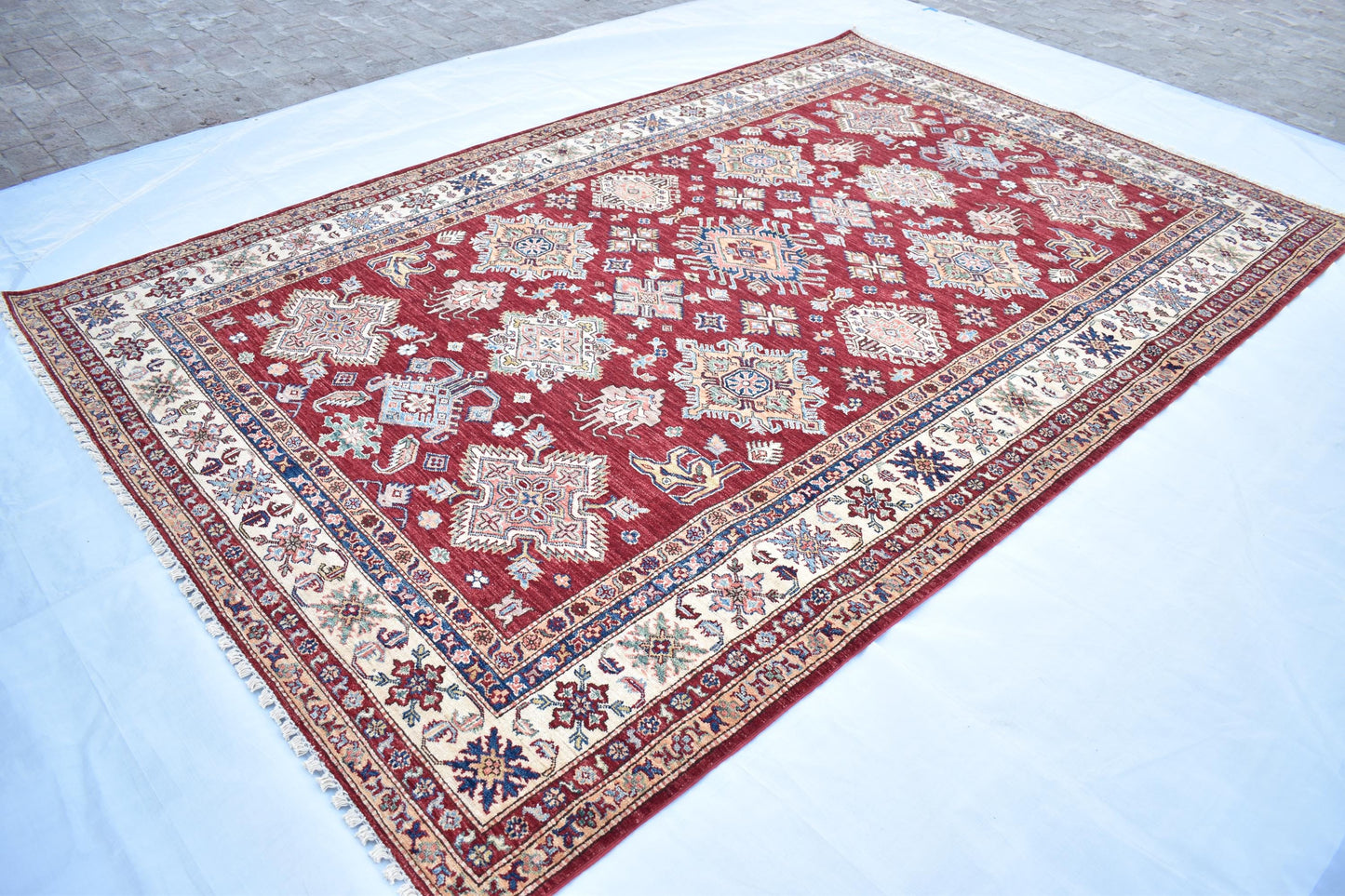 7x10 Red Kazak Oriental Afghan Rug, Handmade Pure Wool Rug - Hand Knotted Modern Décor Rug - Living Room Rug – Bedroom Rug