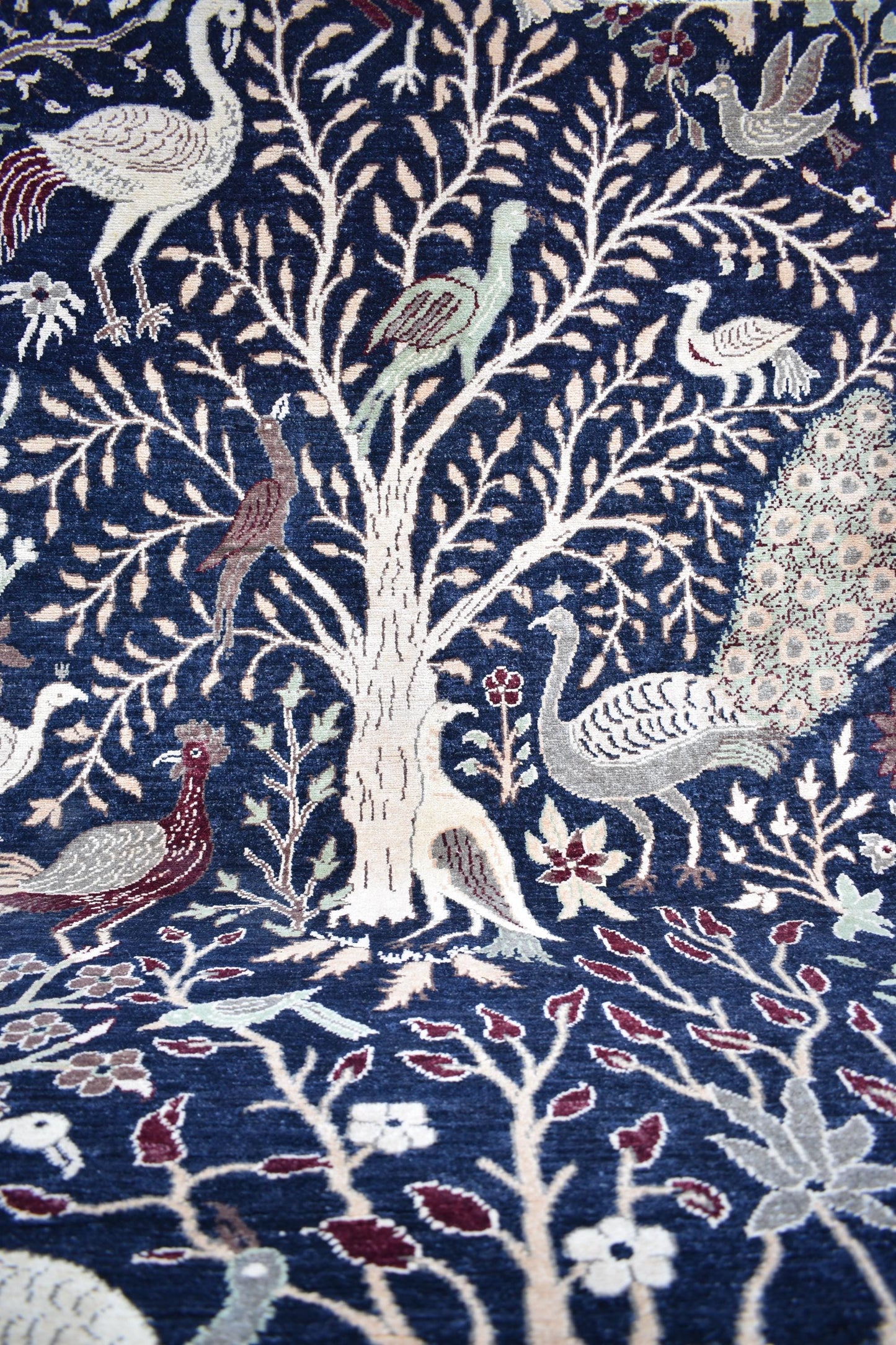 4x6 Dark Blue Turkmen Pictorial Rug, Hand Knotted Wool Rug, Handmade Peacock Bird Trees Soft Oriental Area Rug, Bedroom Rug, Living Room Rug