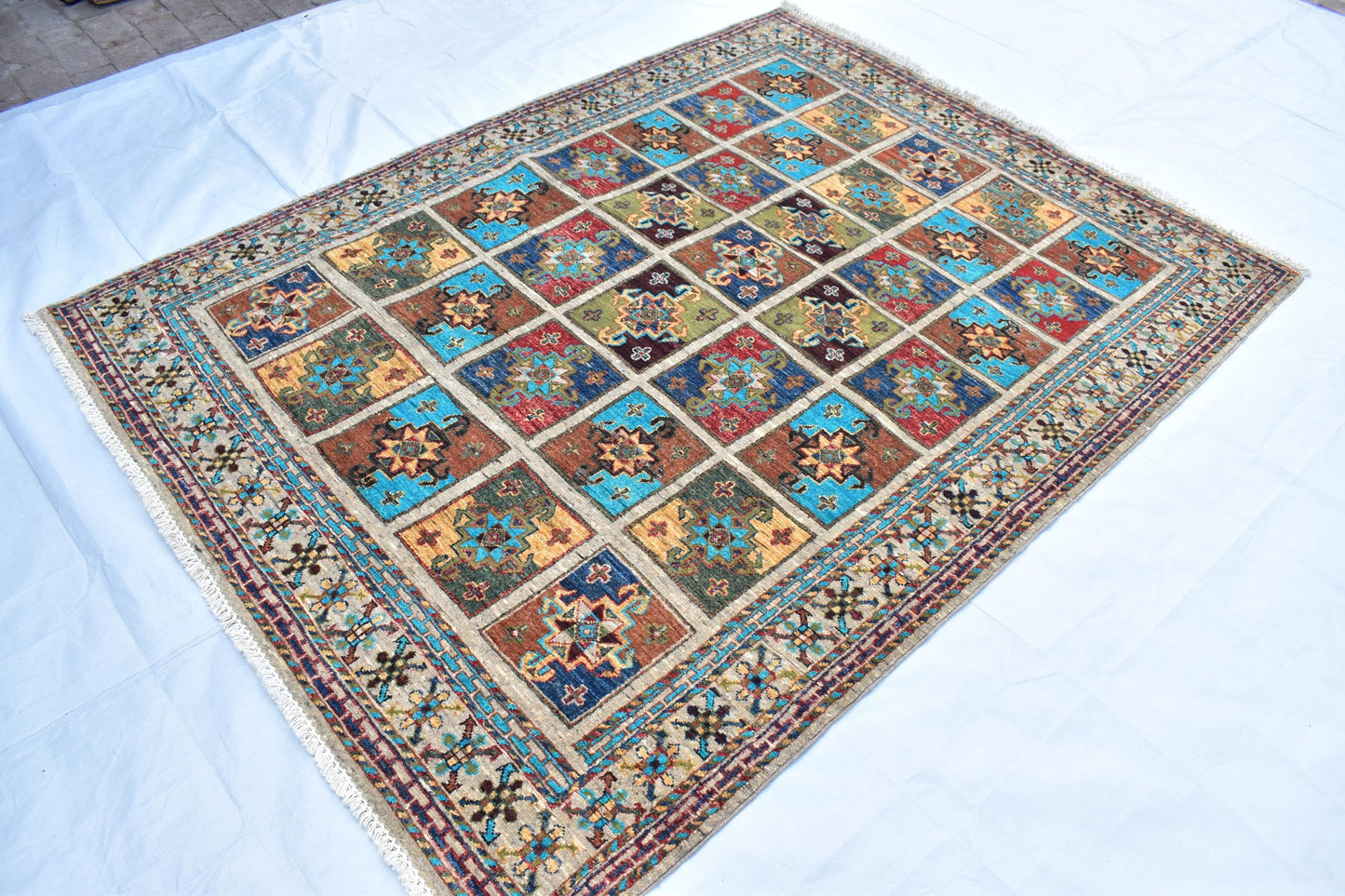 5x7 Gray Bakhtyari Oriental Afghan Handmade Wool Rug, Turkmen Area Rug, Hand Knotted Rug, Living Room Rug- Bedroom Rug