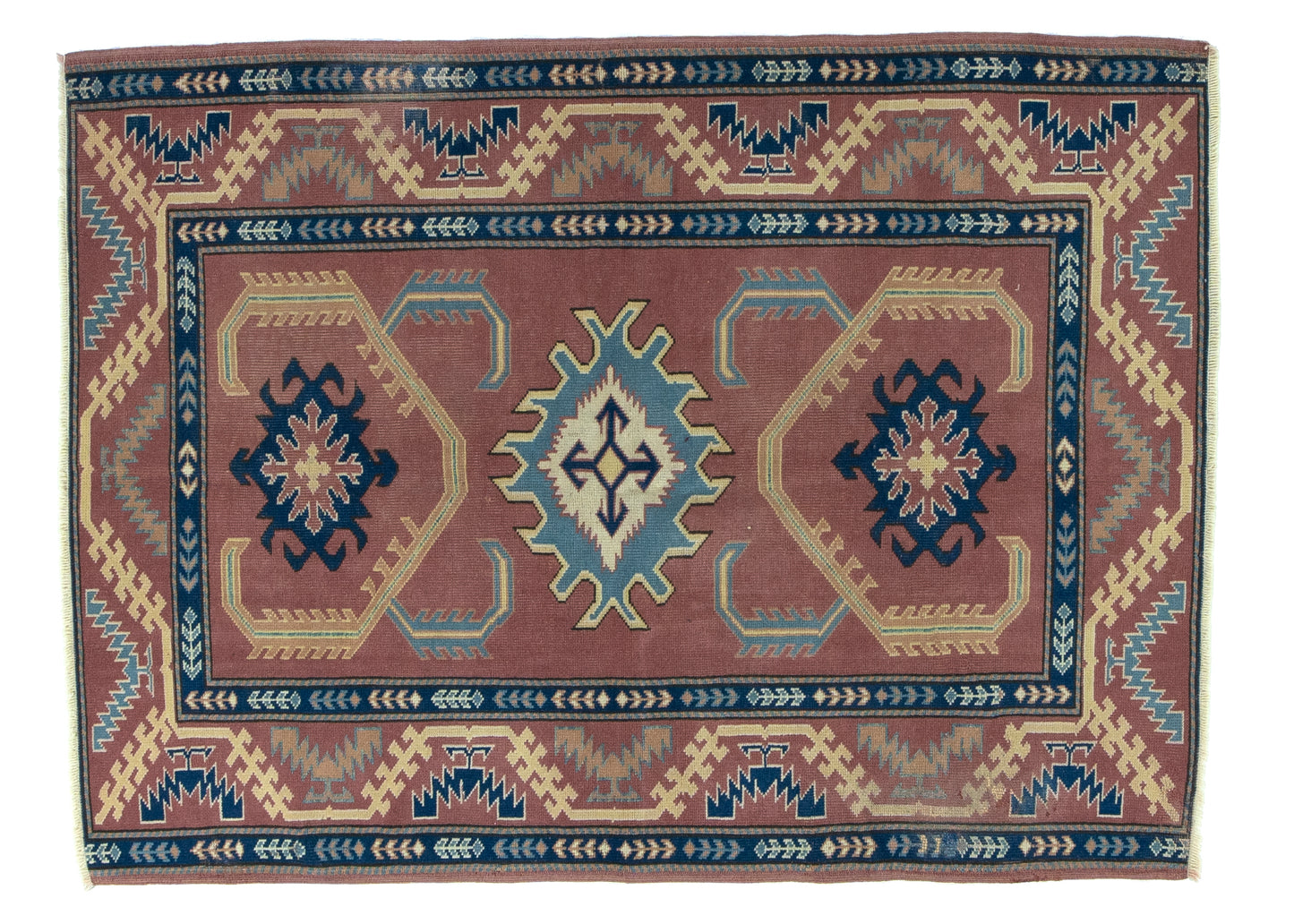 143x195 cm (4.7x6.4 ft) Anatolian Rug – Handwoven Pomegranate Red & Midnight Blue Wool Carpet