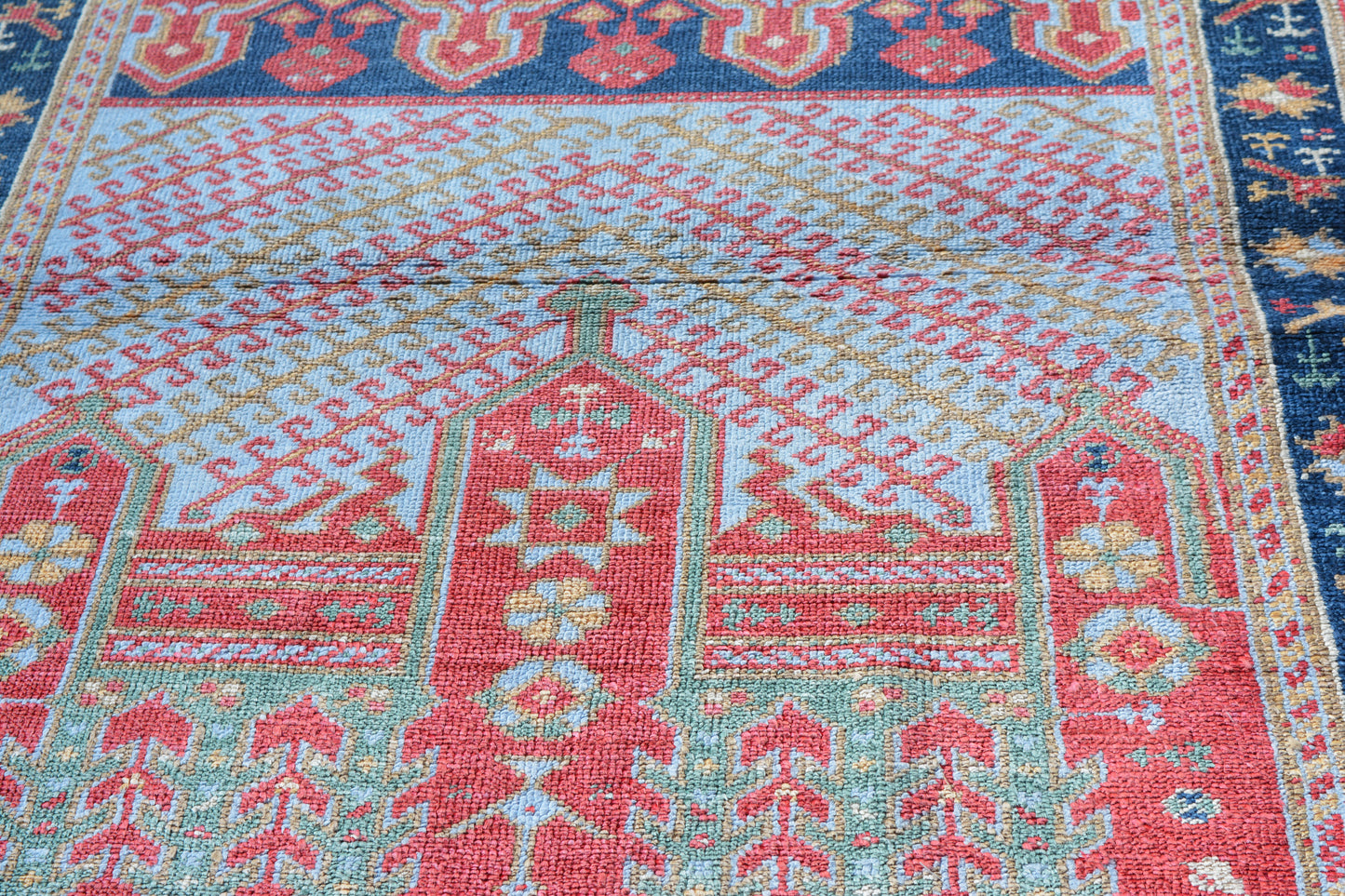 91x128 cm (3x4.2 ft) Vintage Rug – Handwoven Red Navy Wool Carpet