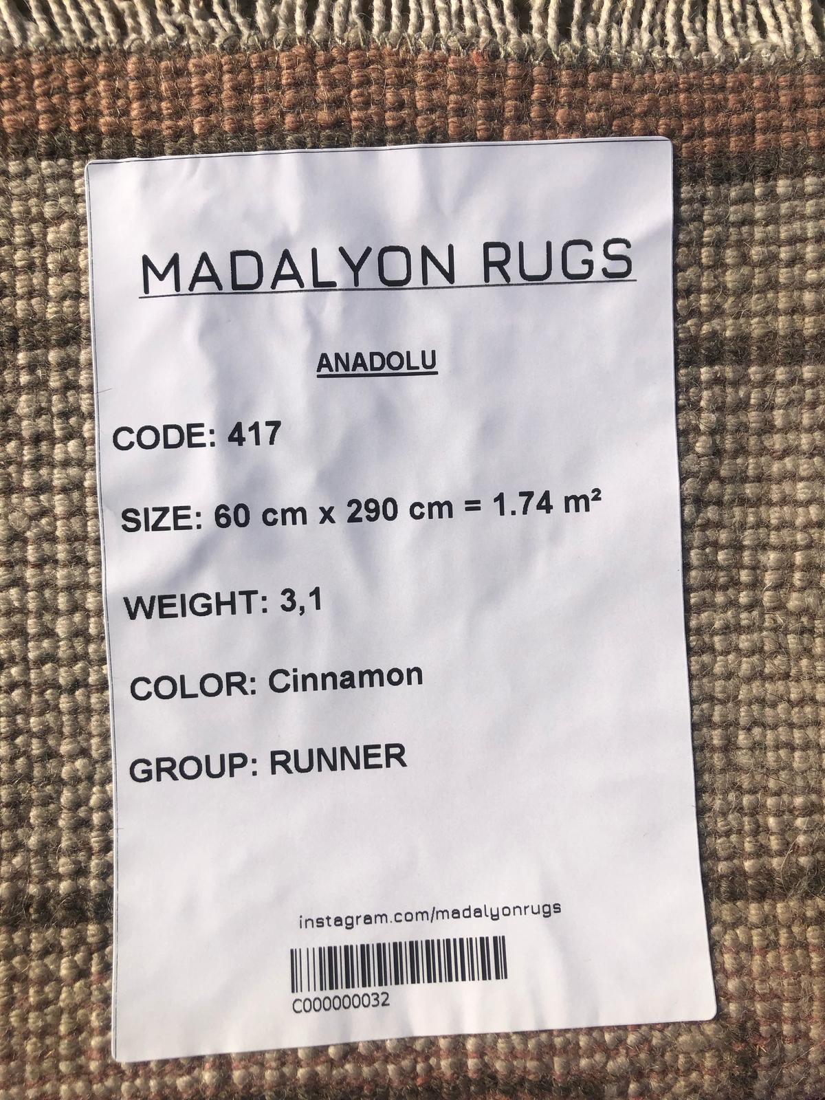 60x290 cm (2x9.5 ft) Anatolian Runner Rug – Handwoven Cinnamon Color Wool Carpet