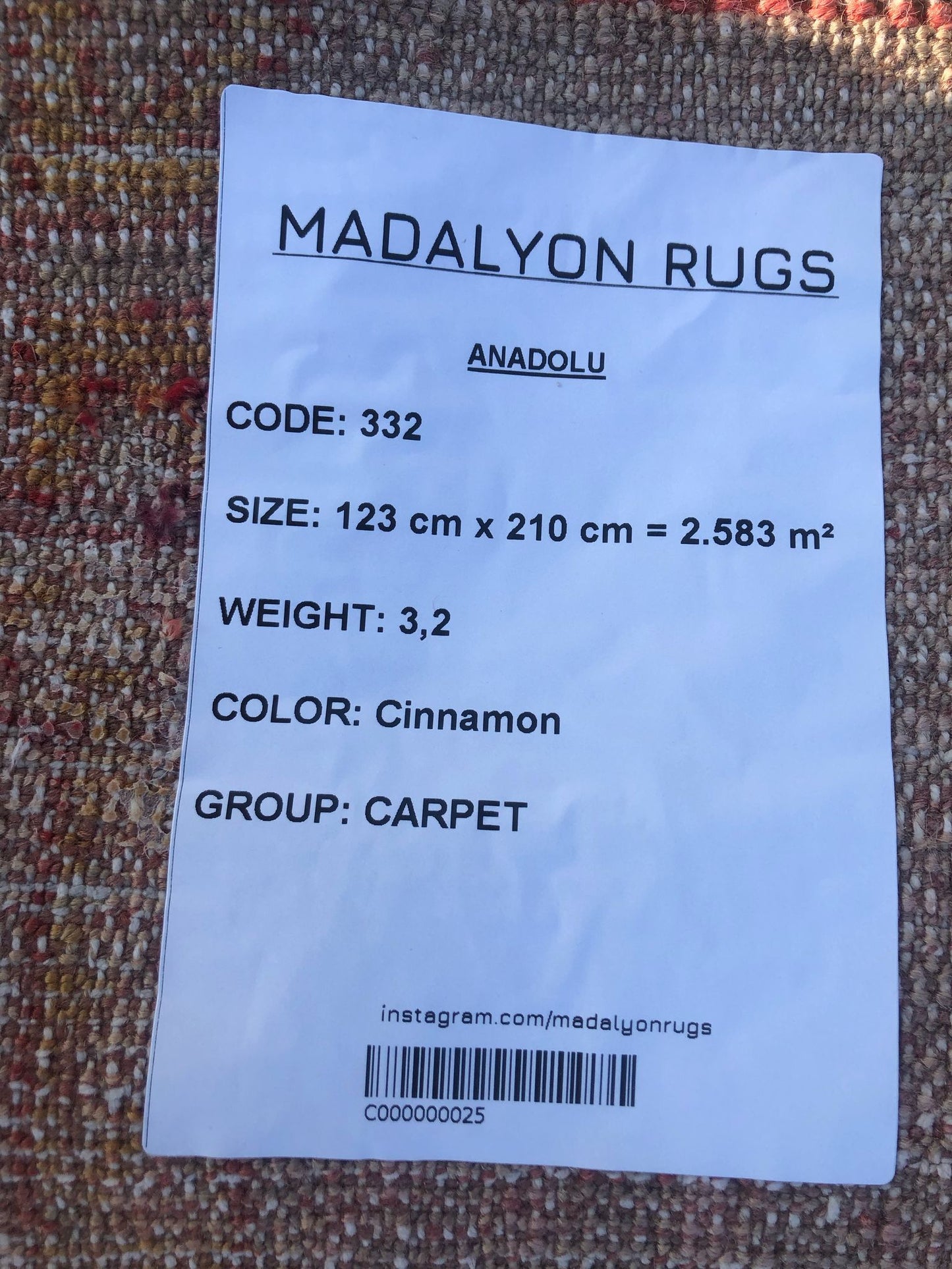 123x210 cm (4x6.9 ft) Anatolian Rug – Handwoven Cinnamon Color Wool Carpet