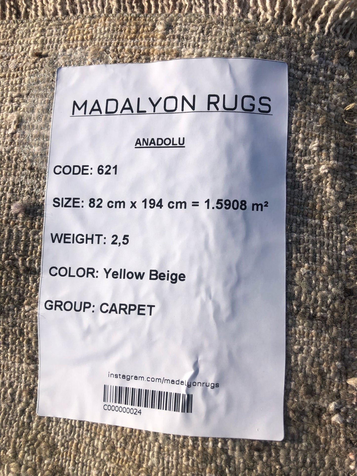 82x194 cm (2.7x6.4 ft) Anatolian Rug – Handwoven Yellow & Beige Wool Carpet