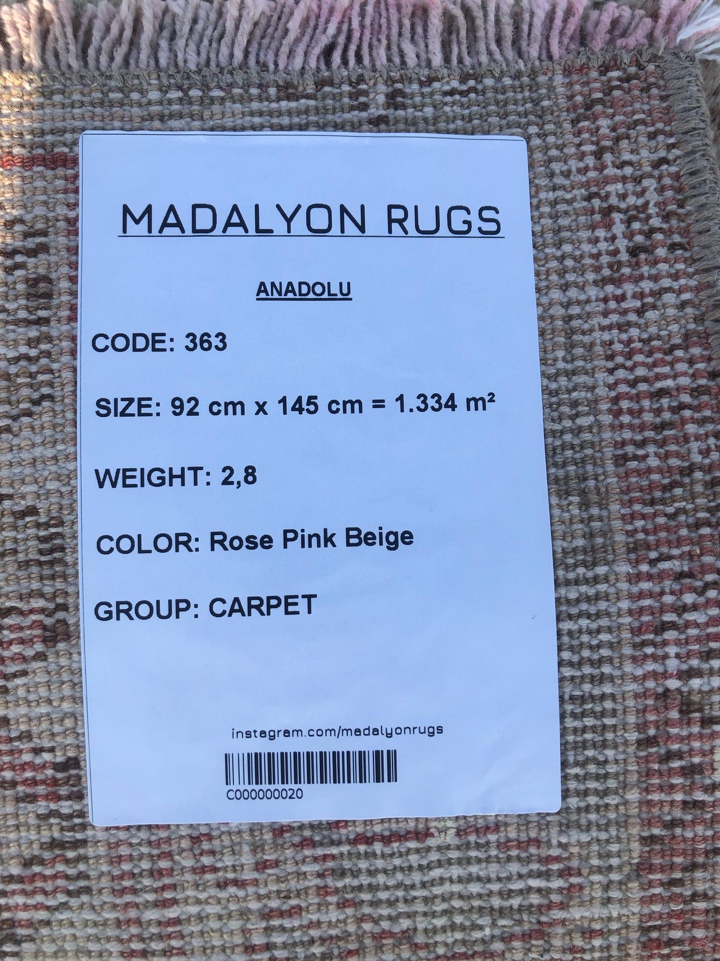 92x145 cm (3x4.8 ft) Anatolian Rug – Handwoven Dusty Rose & Beige Wool Carpet