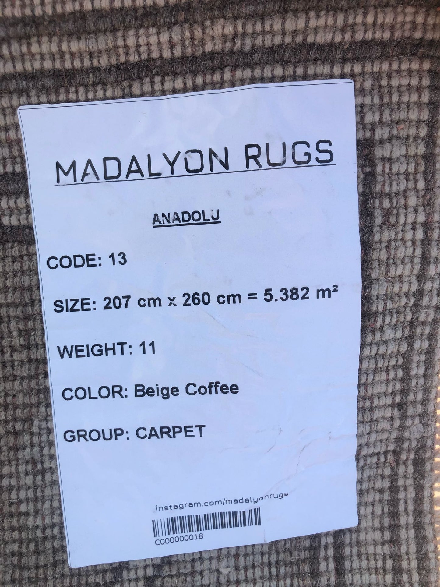207x260 cm (6.8x8.5 ft) Anatolian Rug – Handwoven Beige & Coffee Wool Carpet