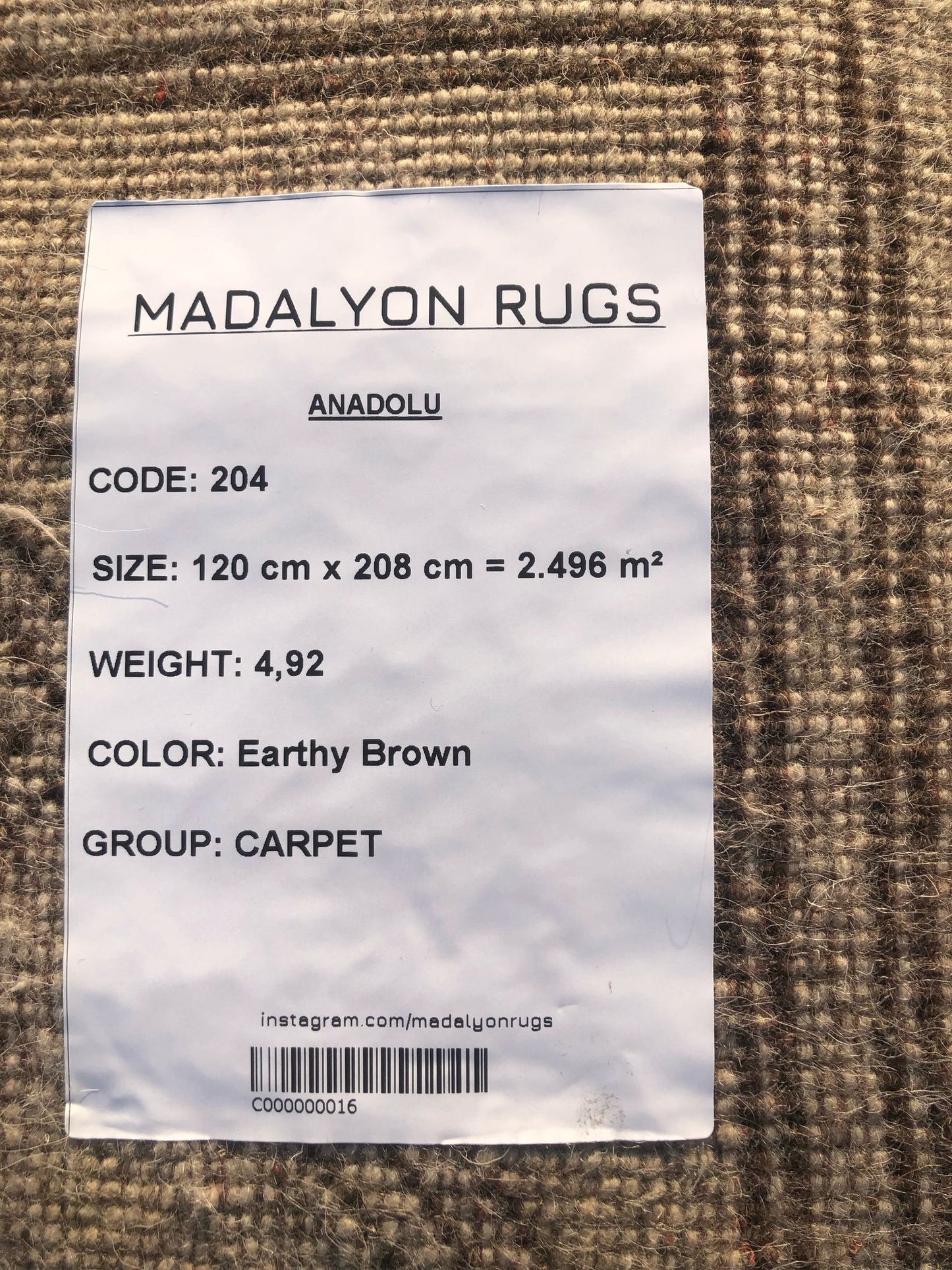 120x208 cm (3.9x6.8 ft) Anatolian Rug – Handwoven Earth Brown Wool Carpet