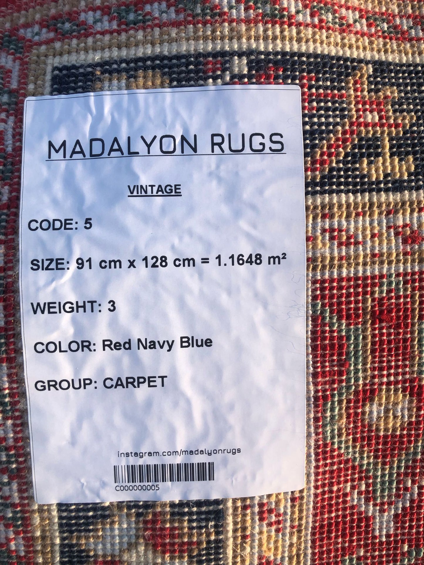 91x128 cm (3x4.2 ft) Vintage Rug – Handwoven Red Navy Wool Carpet