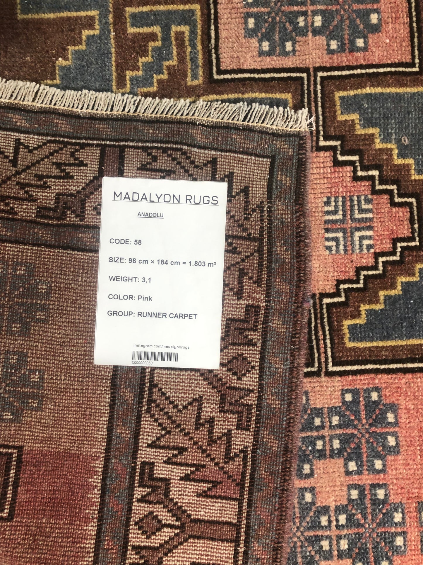 3.2x6 ft π§΅ Pink Anatolian Runner Rug | Handwoven Wool Hallway Carpet