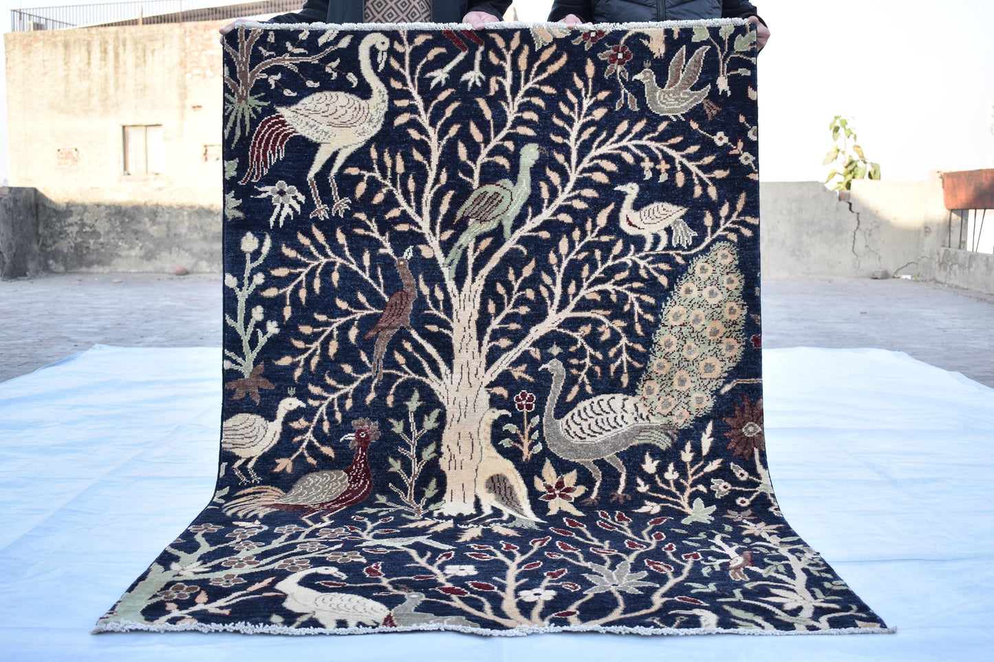 4x6 Dark Blue Turkmen Pictorial Rug, Hand Knotted Wool Rug, Handmade Peacock Bird Trees Soft Oriental Area Rug, Bedroom Rug, Living Room Rug