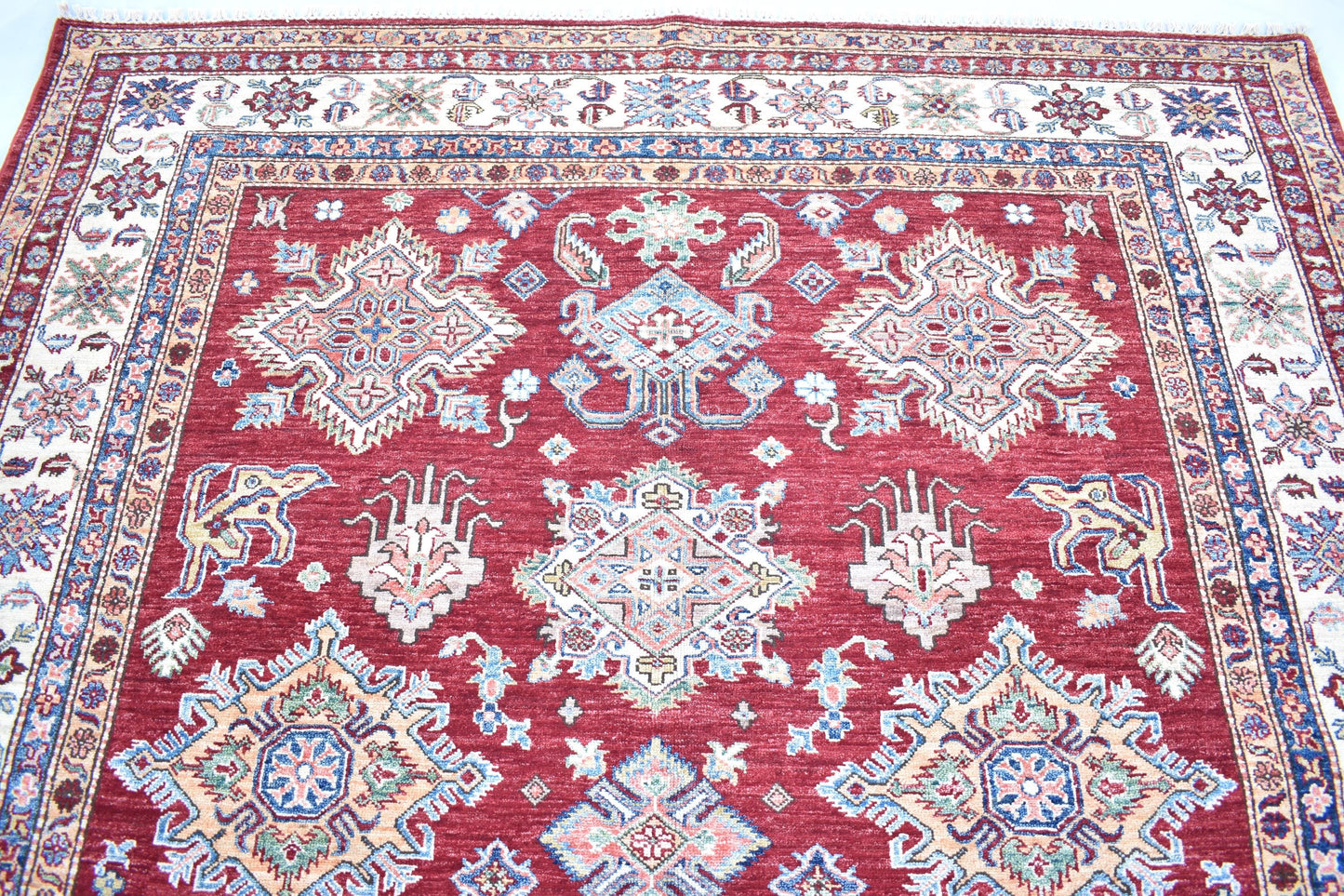7x10 Red Kazak Oriental Afghan Rug, Handmade Pure Wool Rug - Hand Knotted Modern Décor Rug - Living Room Rug – Bedroom Rug