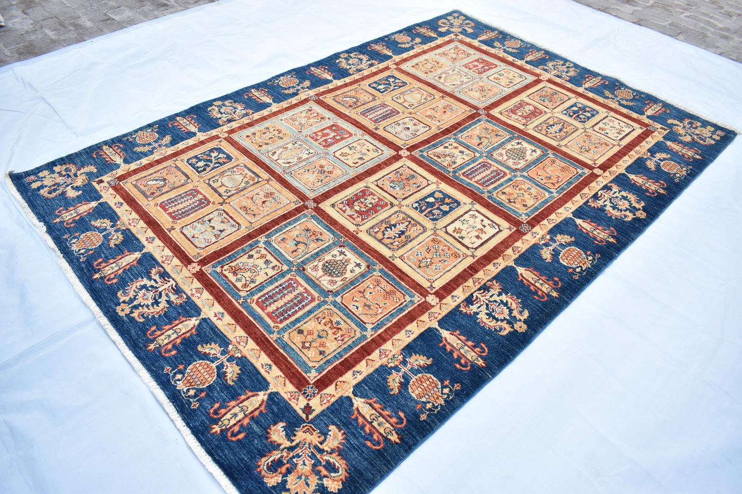 6x9 Blue Bakhtyari ( Four Season) Handmade Unique Wool Rug, Afghan Rug, Decor Rug, Soft Rug, Living Room Rug, Bedroom Rug, Size 5'5” x 8'2