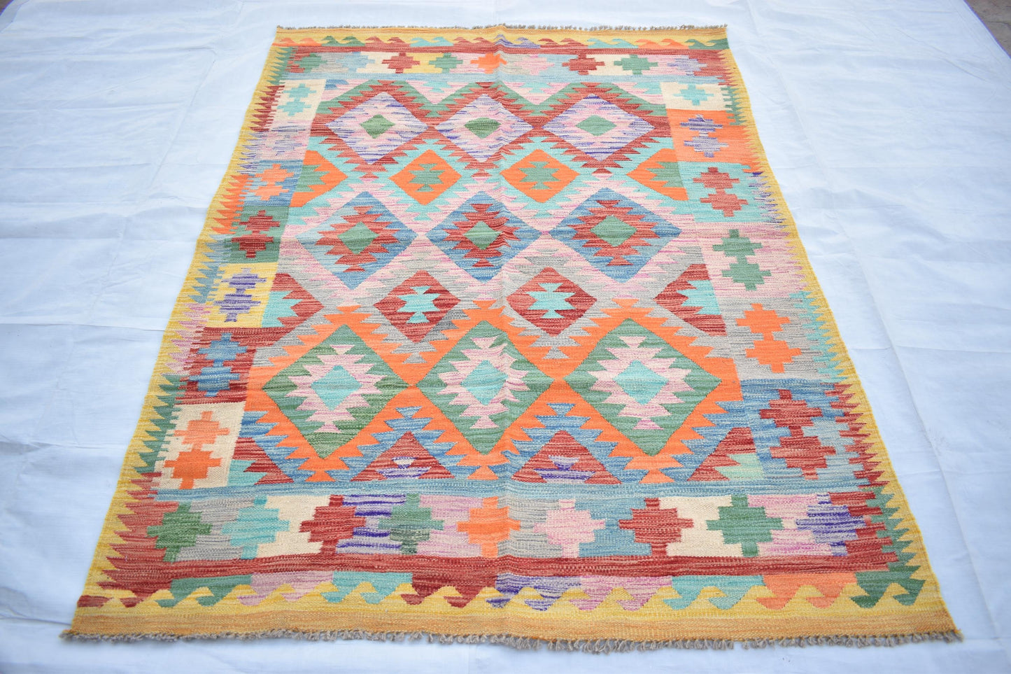5x7 Afghan Kilim Area Rug, Handmade Flatweave Multicolor Natural Veg Dyes Hand Knotted Maimana Design Wool Rug for Living Room- Dining Room