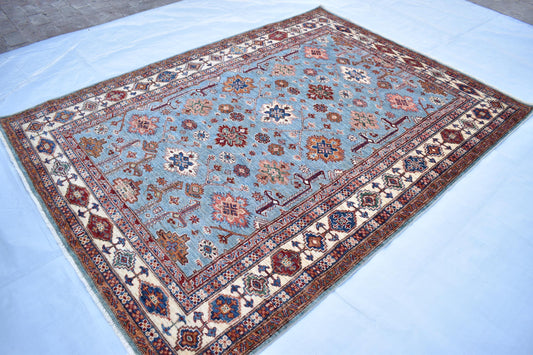 6x8 Gray w/ White Borders Sweater Oriental Rug– Wool Rug – Handmade Soft wool Rug- Hand Knotted Modern Décor Rug- Living Room Rug– Bedroom Rug