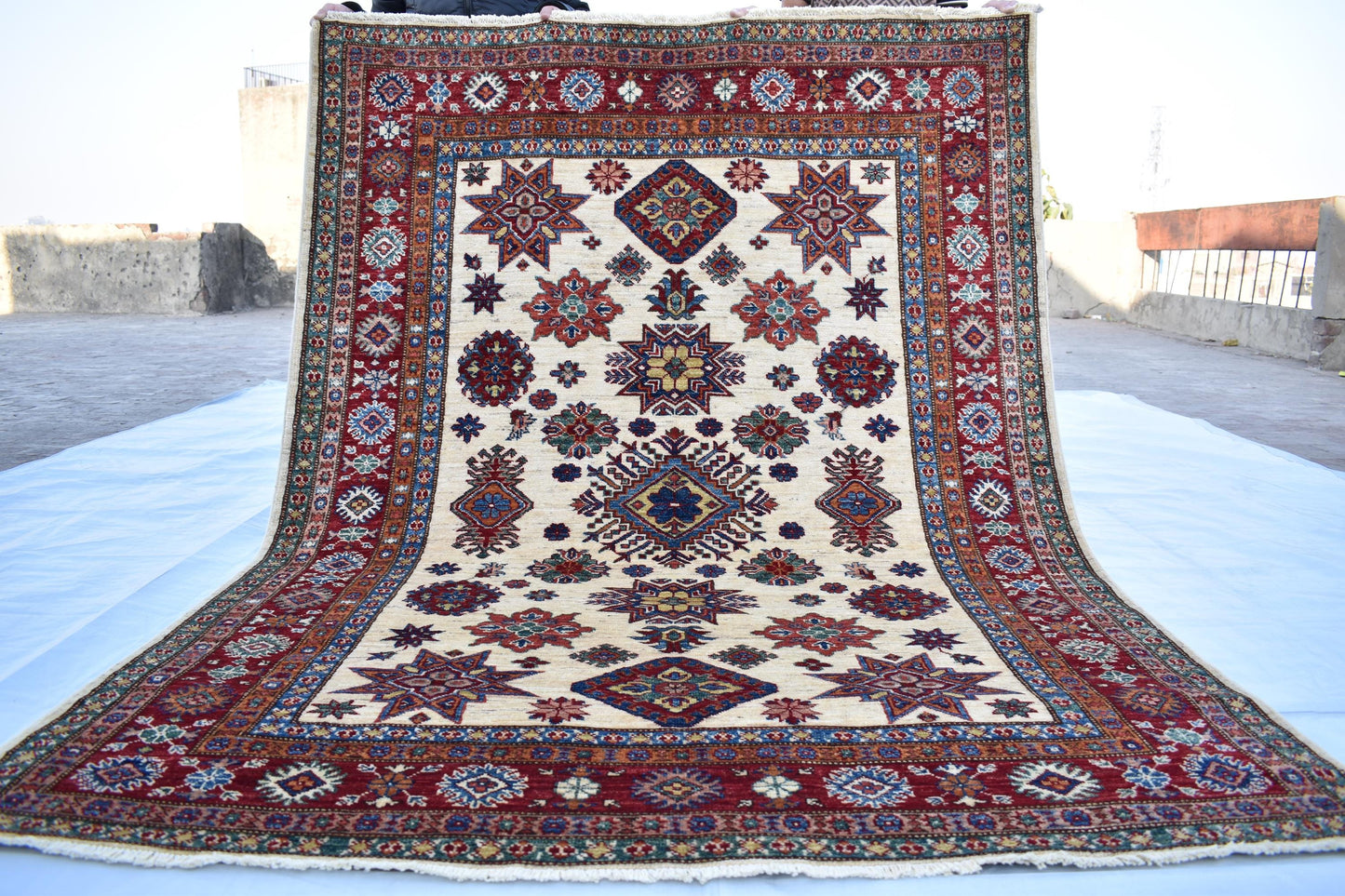 5x7 White Kazak Oriental Rug, Hand Knotted Modern Area Rug, Wool Rug, Décor Rug, Living Room Rug – Bedroom Rug