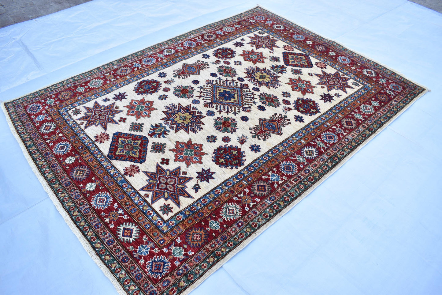 5x7 White Kazak Oriental Rug, Hand Knotted Modern Area Rug, Wool Rug, Décor Rug, Living Room Rug – Bedroom Rug