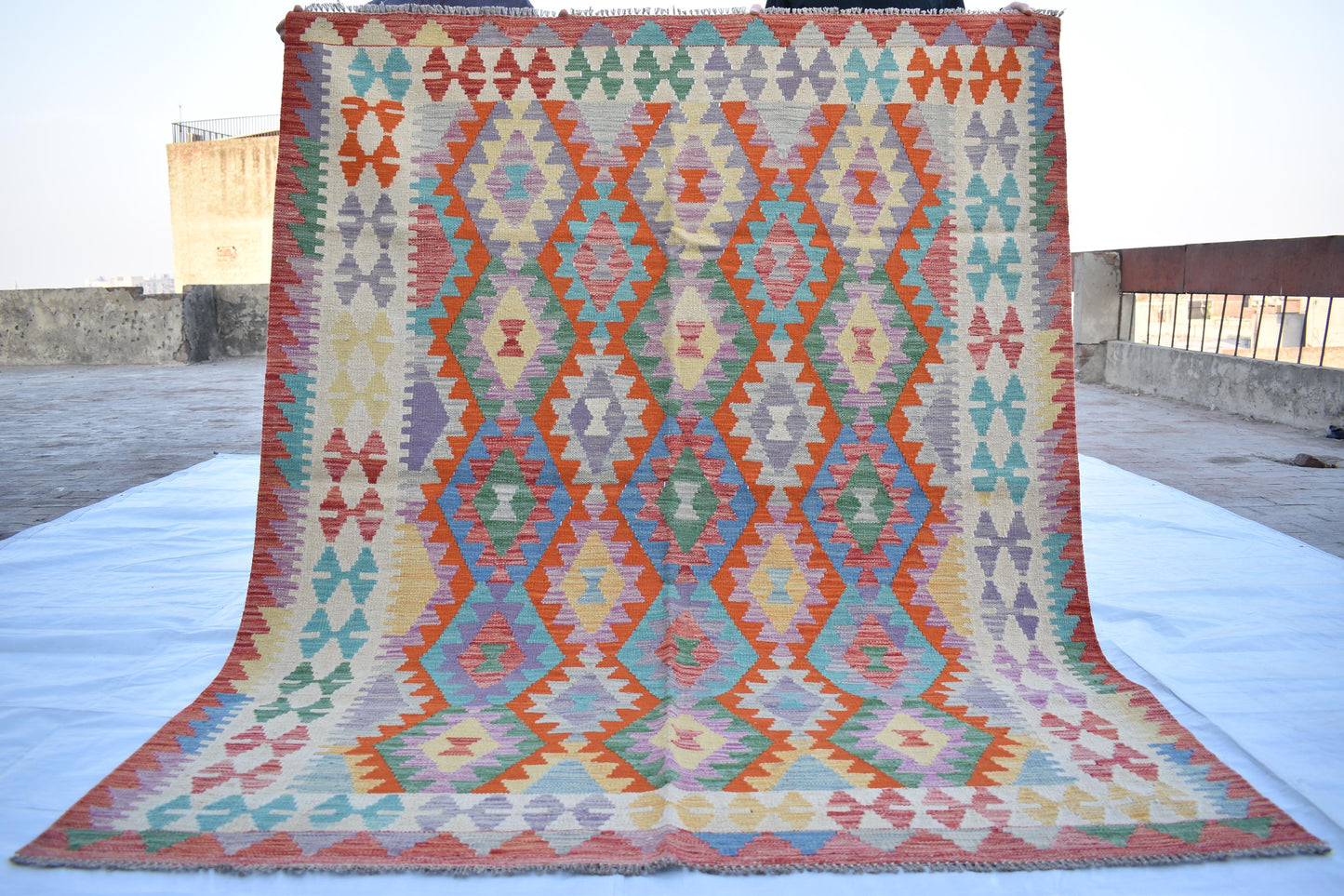 5x7 Afghan Modern Kilim Area Rug, Handmade Flatweave Multicolor Natural Veg Dyes Hand Knotted Maimana, Wool Rug for Living Room- Dining Room