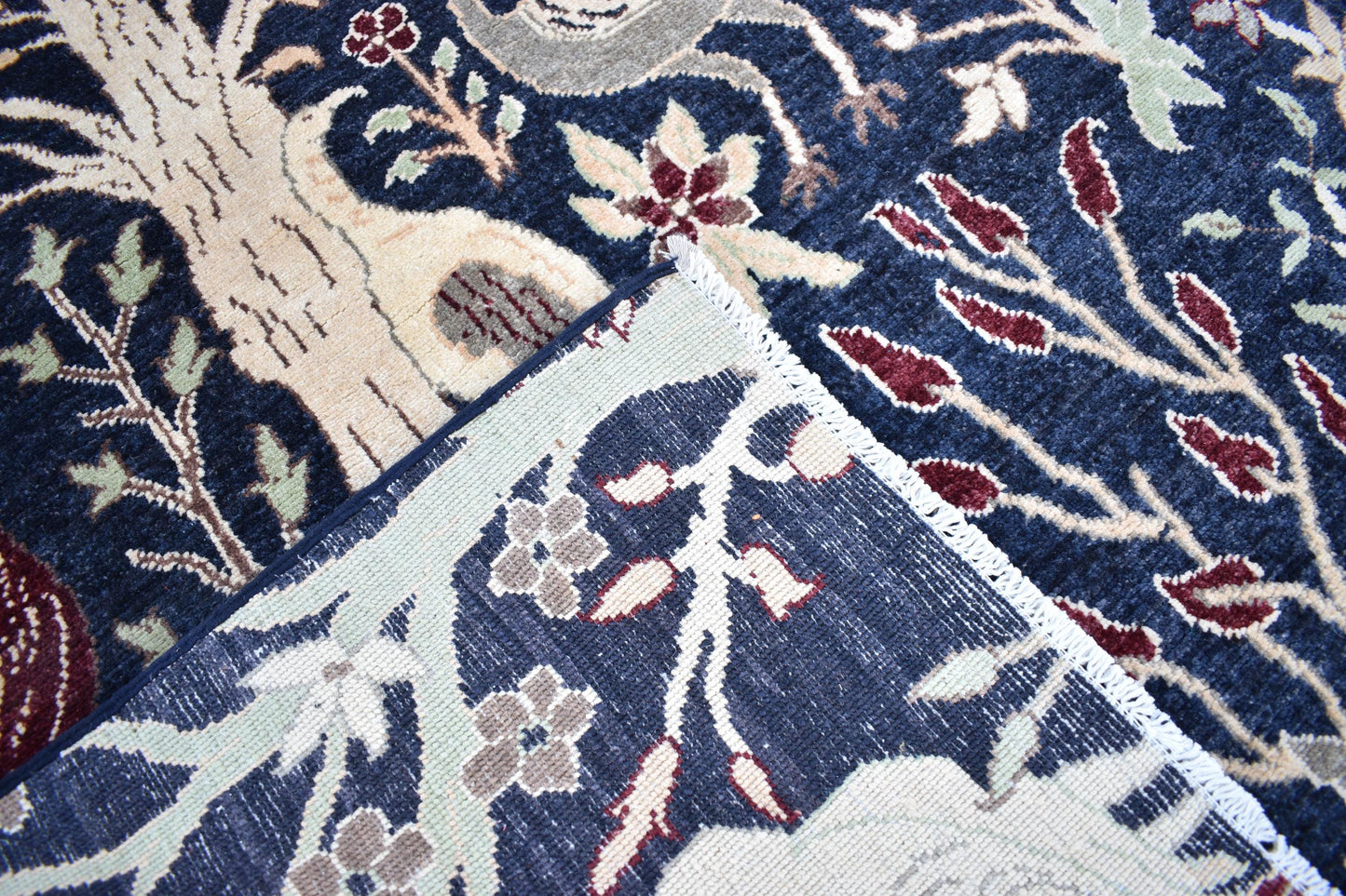 4x6 Dark Blue Turkmen Pictorial Rug, Hand Knotted Wool Rug, Handmade Peacock Bird Trees Soft Oriental Area Rug, Bedroom Rug, Living Room Rug
