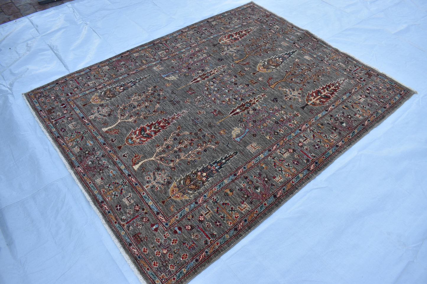 5x7 Gray Sultani Unique Handmade Afghan Oriental Wool Rug, Turkmen Area Rug, Wool Rug, Hand Knotted Rug, Living Room Rug, Bedroom Rug