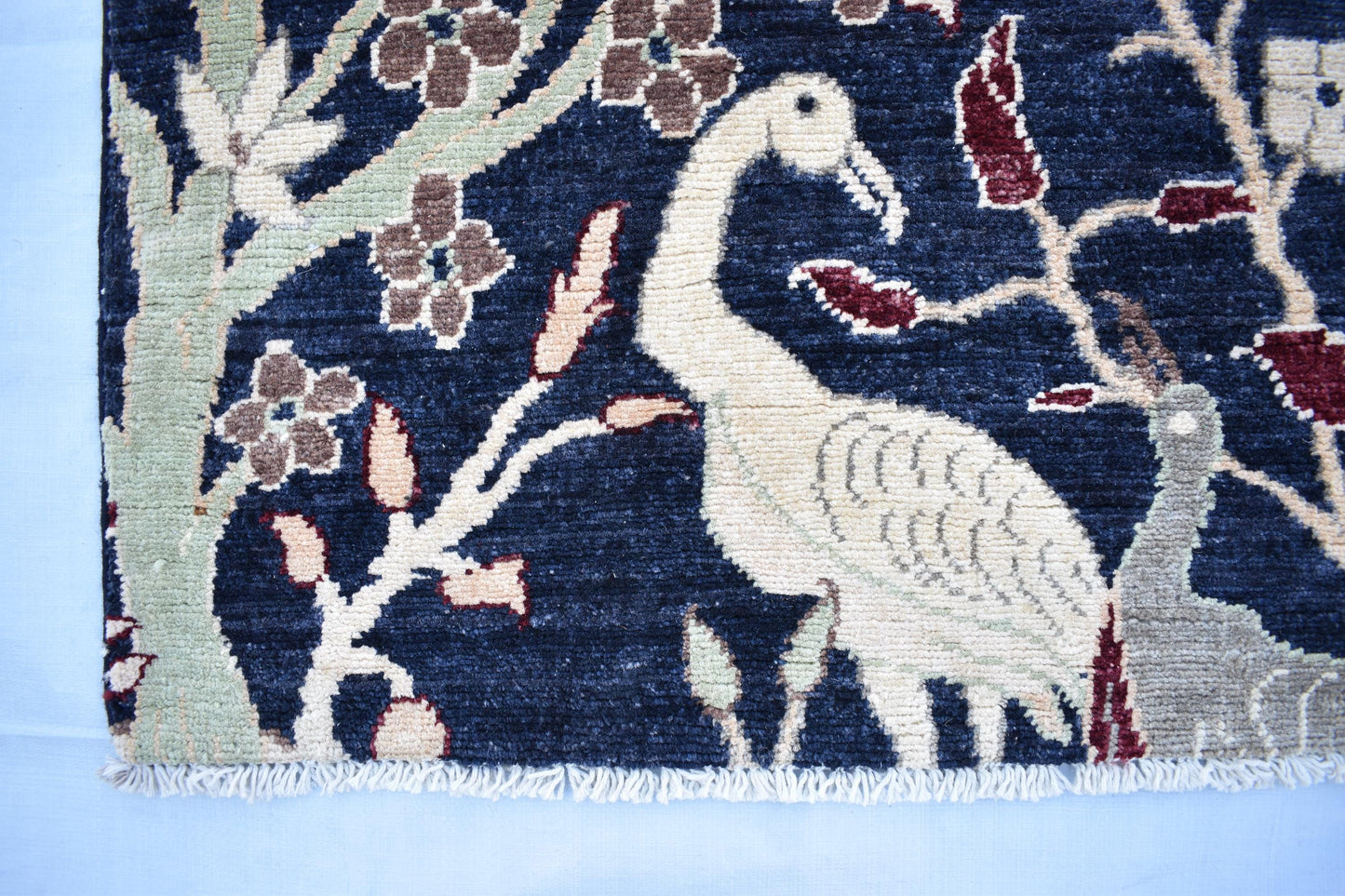 4x6 Dark Blue Turkmen Pictorial Rug, Hand Knotted Wool Rug, Handmade Peacock Bird Trees Soft Oriental Area Rug, Bedroom Rug, Living Room Rug