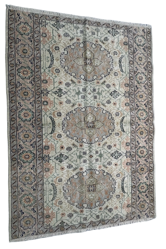 4.7x6.4 ft 🧶 Beige Anatolian Rug | Handwoven Wool Carpet