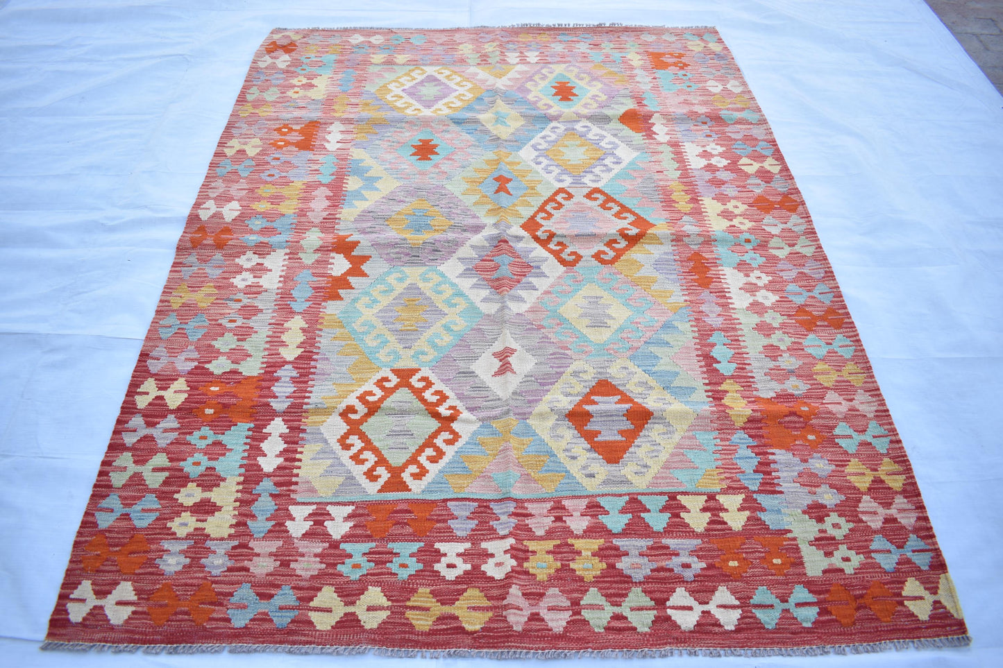 5x7 Afghan Modern Kilim Area Rug, Handmade Flatweave Multicolor Natural Veg Dyes Hand Knotted Maimana, Wool Rug for Living Room- Dining Room