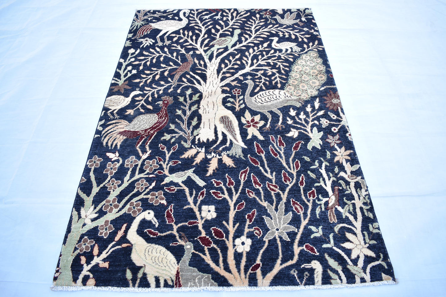 4x6 Dark Blue Turkmen Pictorial Rug, Hand Knotted Wool Rug, Handmade Peacock Bird Trees Soft Oriental Area Rug, Bedroom Rug, Living Room Rug