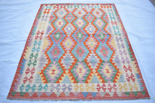 5x7 Afghan Modern Kilim Area Rug, Handmade Flatweave Multicolor Natural Veg Dyes Hand Knotted Maimana, Wool Rug for Living Room- Dining Room