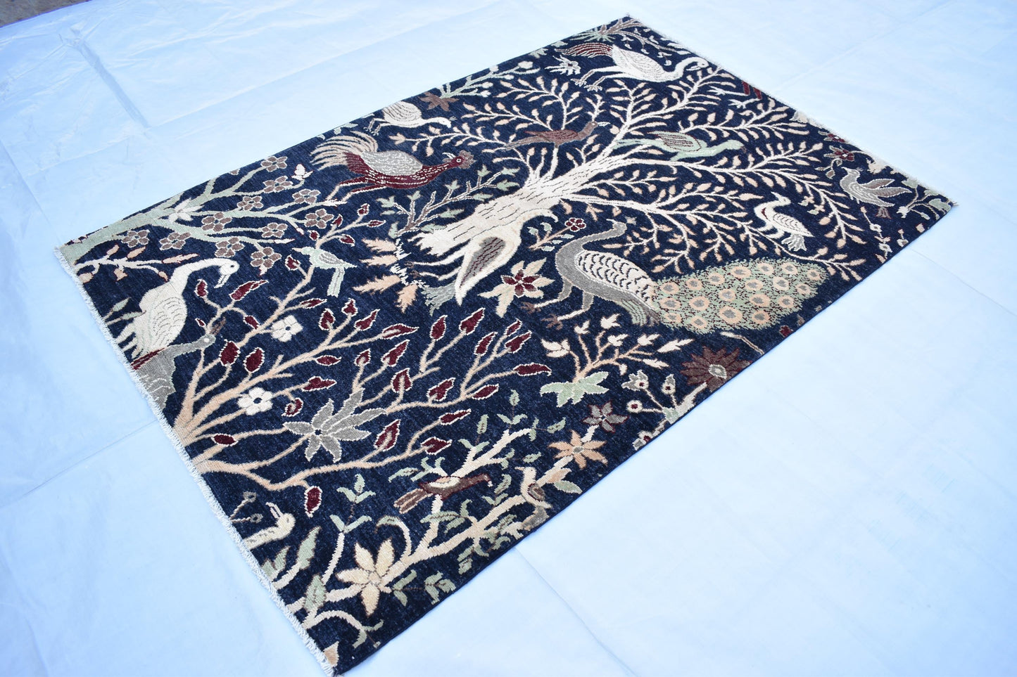 4x6 Dark Blue Turkmen Pictorial Rug, Hand Knotted Wool Rug, Handmade Peacock Bird Trees Soft Oriental Area Rug, Bedroom Rug, Living Room Rug