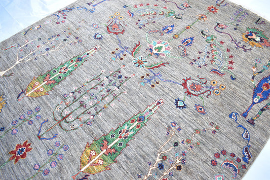 6x8 Gray Sultani Handmade Unique Wool Rug, Pure Wool Rug, Turkmen Hand Knotted Rug, Décor Rug Soft Rug Best For Living Room, Dinning Room
