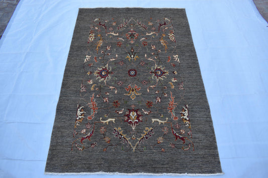 5x7 Natural Color Hand Knotted Unique Wool Rug For Decor, Unique Flower Design, Pure Wool Soft Handmade Flooring Rug Best For Home Decor