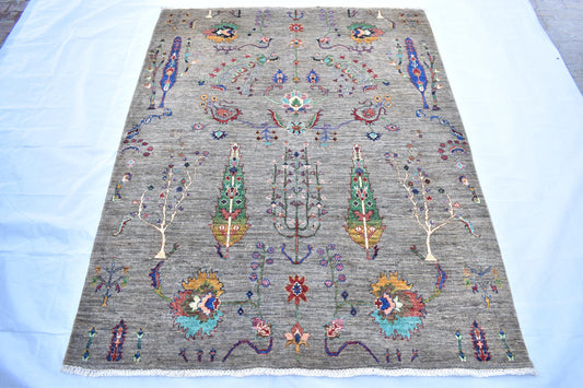 6x8 Gray Sultani Handmade Unique Wool Rug, Pure Wool Rug, Turkmen Hand Knotted Rug, Décor Rug Soft Rug Best For Living Room, Dinning Room