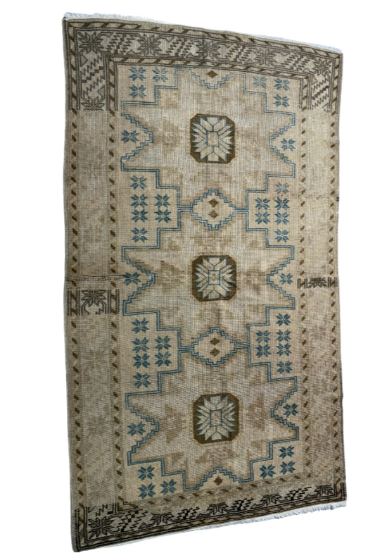 3.2x5.8 ft 🧵 Cream Anatolian Runner Rug | Handwoven Wool Hallway Carpet