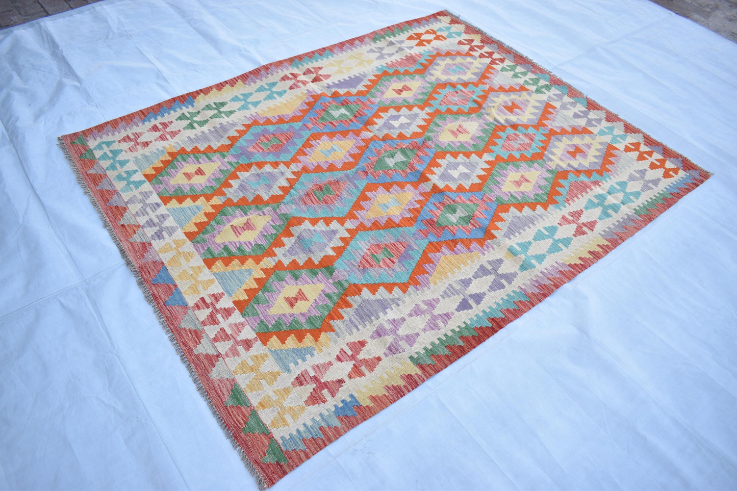5x7 Afghan Modern Kilim Area Rug, Handmade Flatweave Multicolor Natural Veg Dyes Hand Knotted Maimana, Wool Rug for Living Room- Dining Room