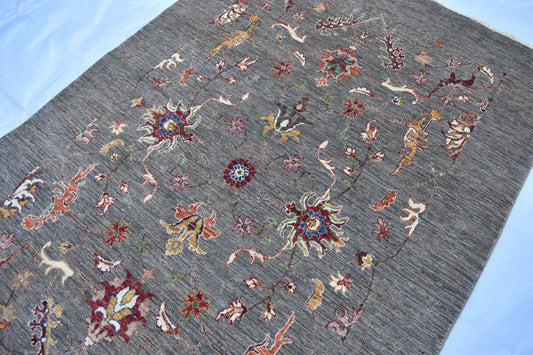 5x7 Natural Color Hand Knotted Unique Wool Rug For Decor, Unique Flower Design, Pure Wool Soft Handmade Flooring Rug Best For Home Decor