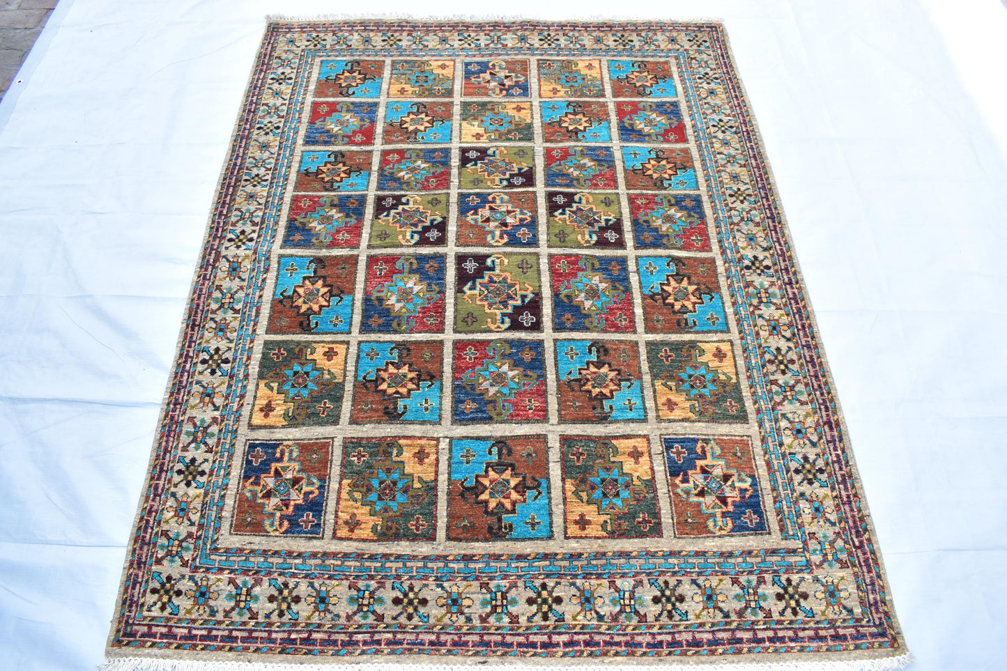 5x7 Gray Bakhtyari Oriental Afghan Handmade Wool Rug, Turkmen Area Rug, Hand Knotted Rug, Living Room Rug- Bedroom Rug