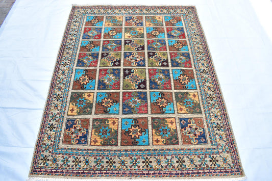 5x7 Gray Bakhtyari Oriental Afghan Handmade Wool Rug, Turkmen Area Rug, Hand Knotted Rug, Living Room Rug- Bedroom Rug