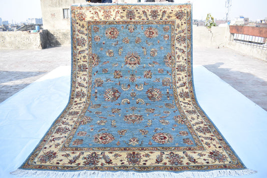 6x9 Blue Chobi Hand Knotted Wool Rug, vintage Wool Handmade Flooring Rug, Unique Turkmen Wool Rug for Decorating Living Room And Bedroom