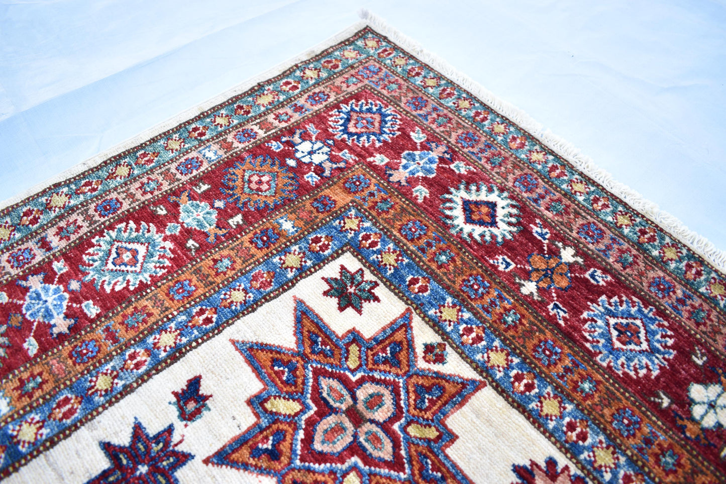 5x7 White Kazak Oriental Rug, Hand Knotted Modern Area Rug, Wool Rug, Décor Rug, Living Room Rug – Bedroom Rug