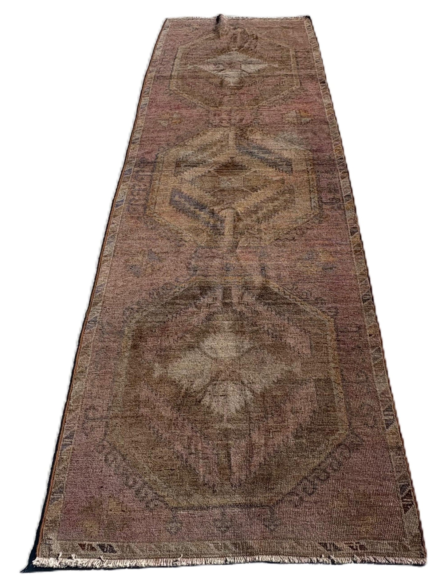 101x307 cm (3.3x10.1 ft) Anatolian Runner Rug – Handwoven Coffee & Navy Wool Carpet