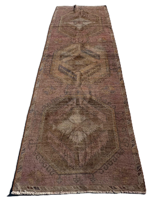 101x307 cm (3.3x10.1 ft) Anatolian Runner Rug – Handwoven Coffee & Navy Wool Carpet