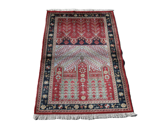 90x128 cm (3x4.2 ft) Anatolian Rug – Handwoven Cream Wool Carpet